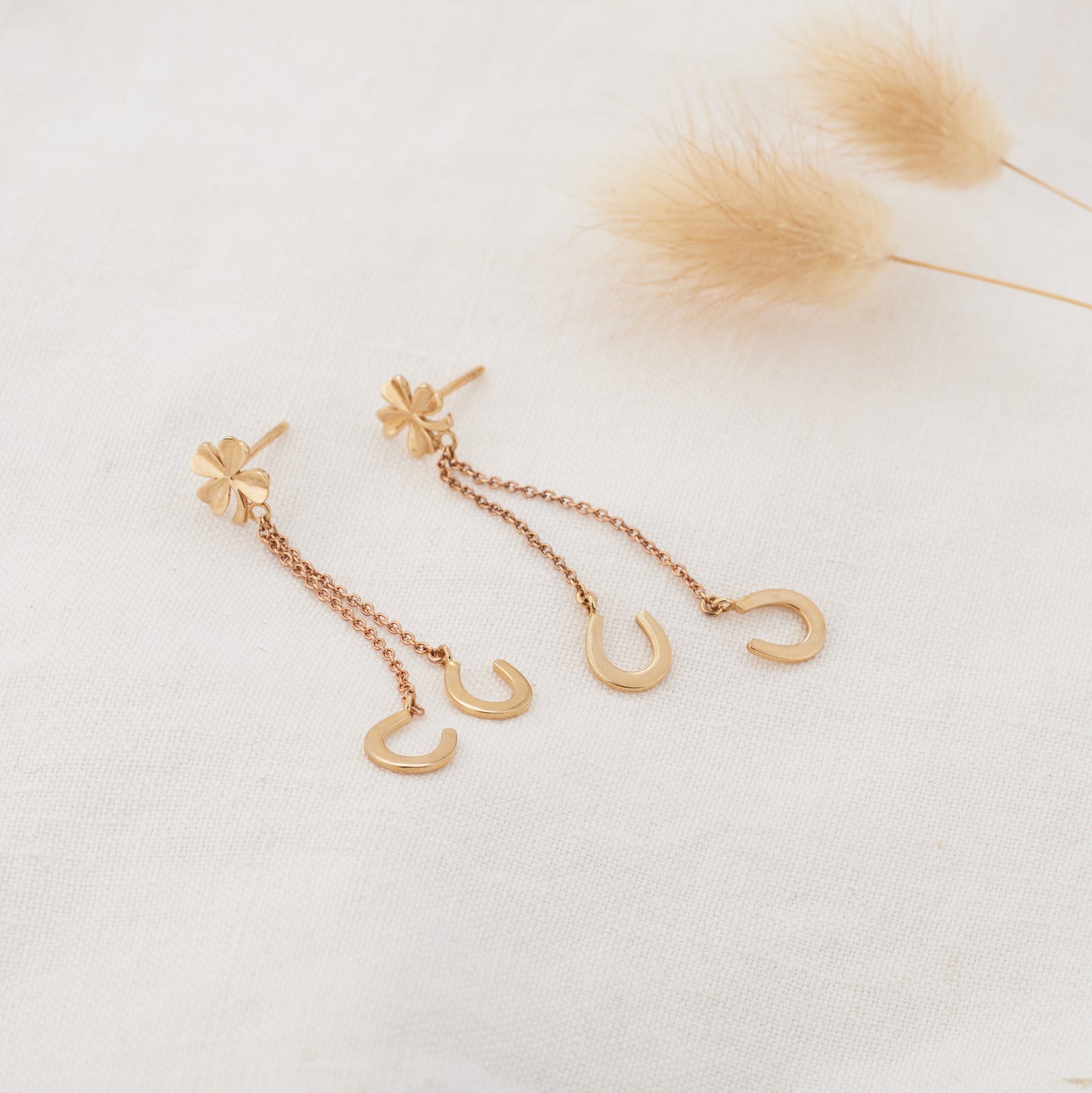 9K Yellow Gold Lucky Clover and Horseshoe Earrings