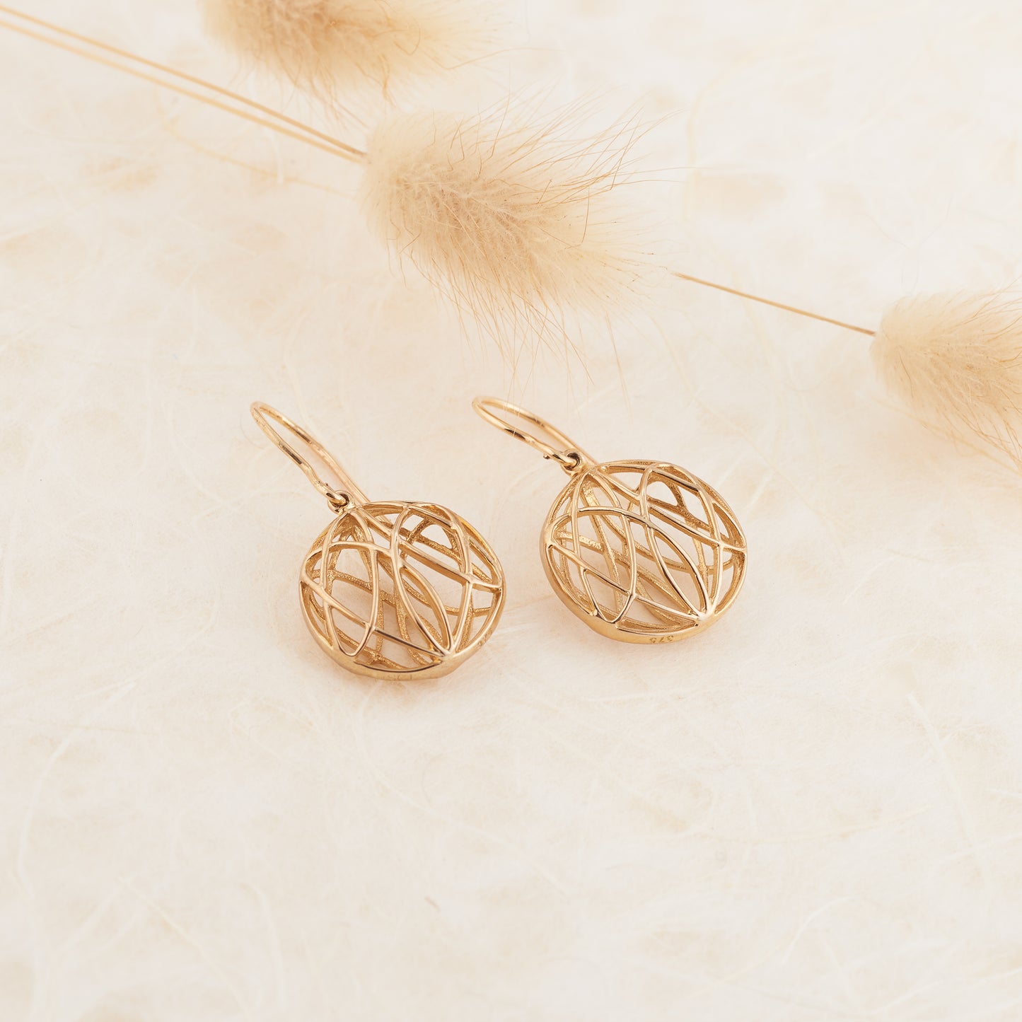 9K Yellow Gold Delicate Cage 3D Circle Drop Earrings