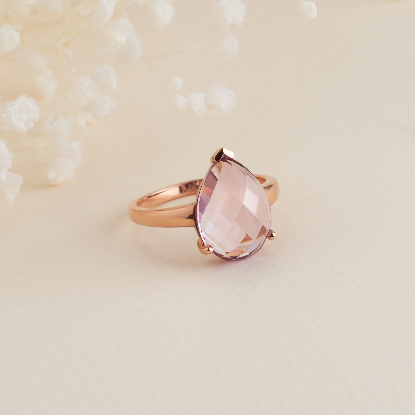 9K Rose Gold Pear Pink Amethyst Cocktail Ring