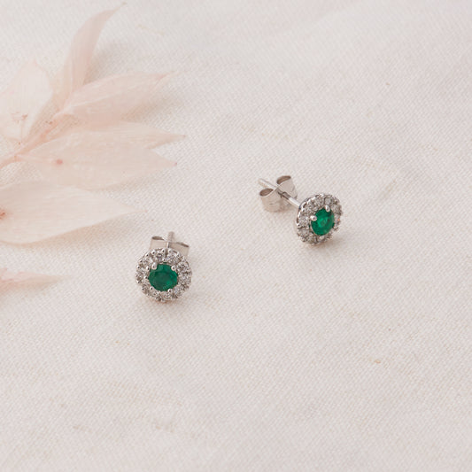 9K White Gold Natural Emerald Diamond Halo Stud Earrings