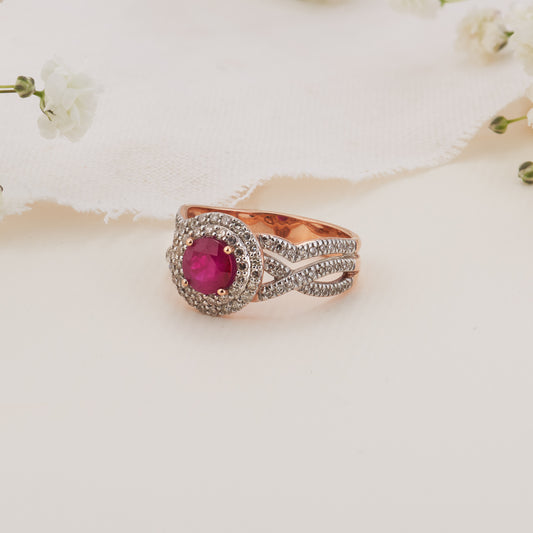 9K Rose Gold Natural Ruby Diamond Double Halo Ring 0.52tdw