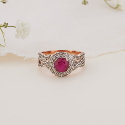 9K Rose Gold Natural Ruby Diamond Double Halo Ring 0.52tdw
