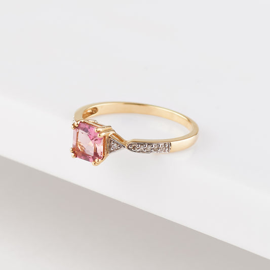 9K Yellow Gold Pink Tourmaline and Diamond Ring