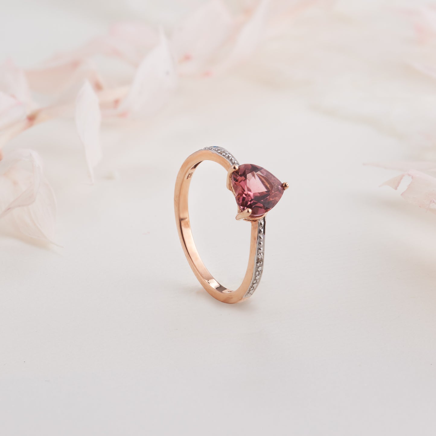 9K Rose Gold Heart Pink Tourmaline and Diamond Ring