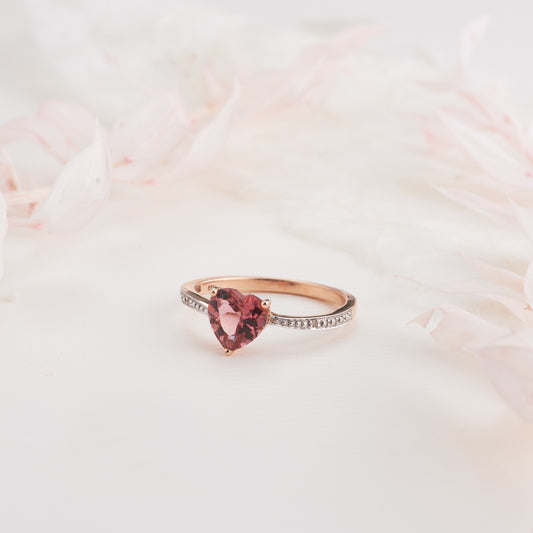 9K Rose Gold Heart Pink Tourmaline and Diamond Ring