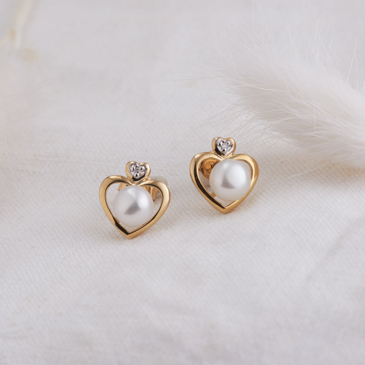 9K Yellow Gold White Freshwater Pearl and Diamond Heart Stud Earrings