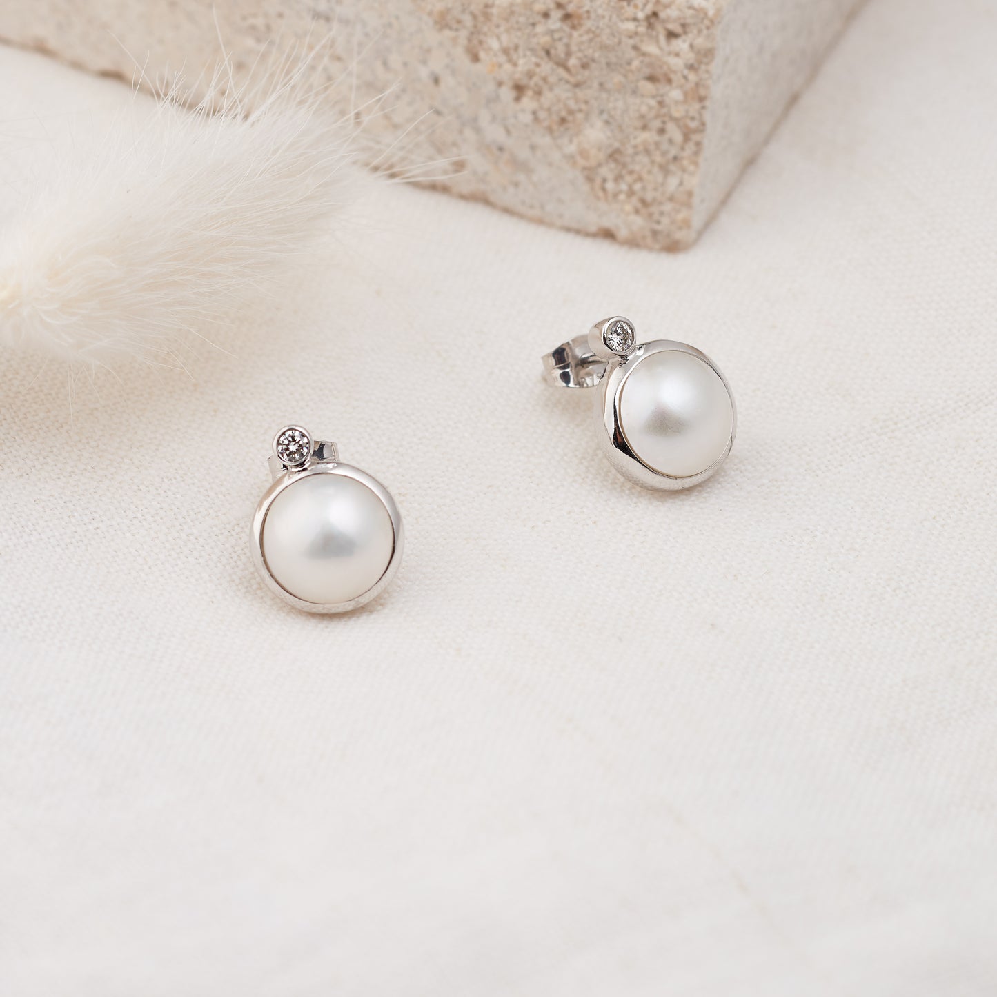 9K White Gold White Mabe Pearl and Diamond Bezel Stud Earrings