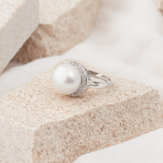 Sterling Silver Pearl and Zirconia Cocktail Ring