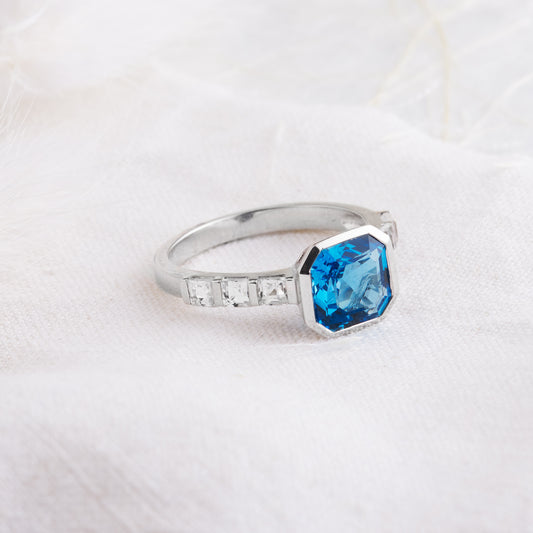 Sterling Silver Asscher Cut Swiss Blue and White Topaz Ring