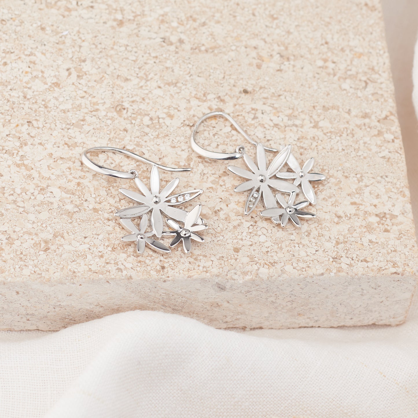 Sterling Silver Zirconia Flower Drop Earrings