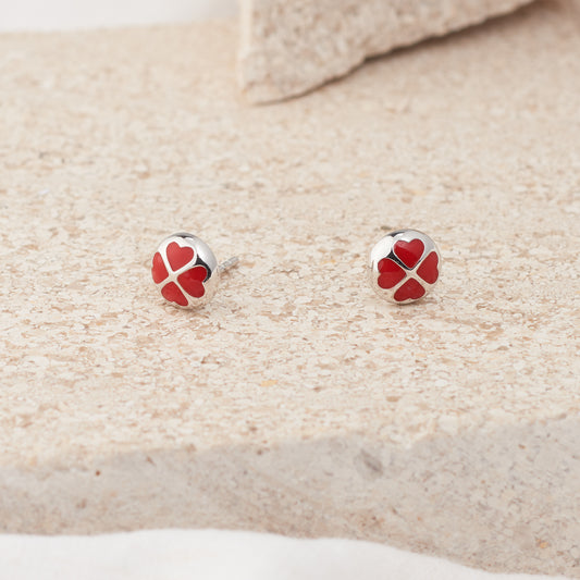 Sterling Silver Enamel Red Heart Round Dome Stud Earrings