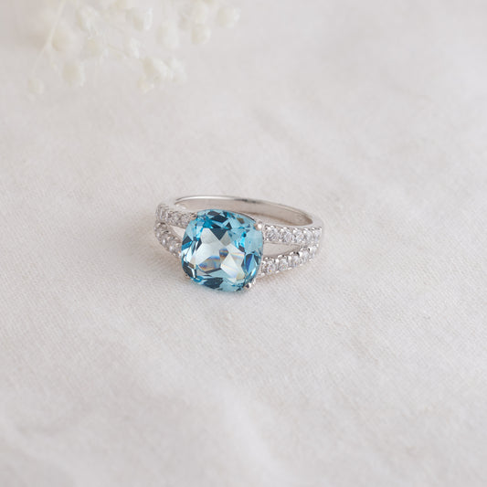 Sterling Silver Cushion Created Aquamarine and Zirconia Ring