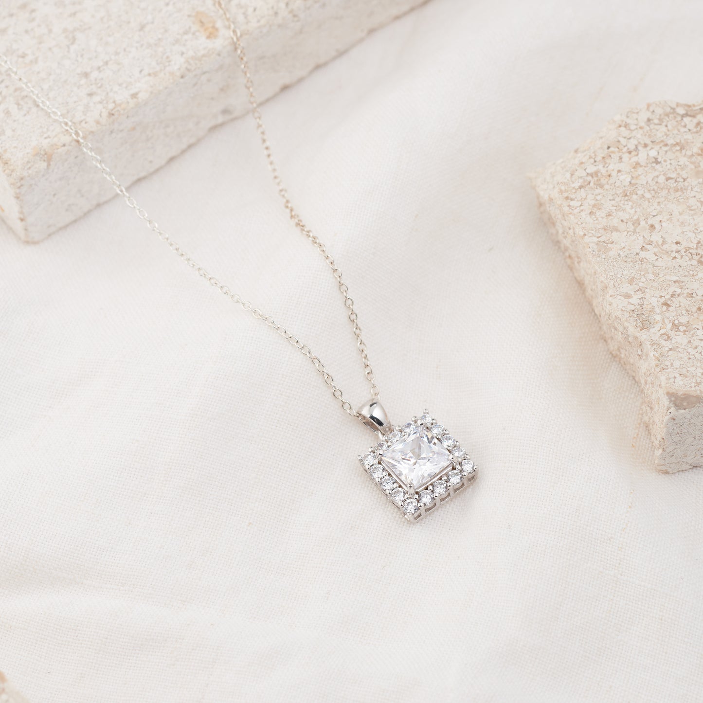 Sterling Silver and Zirconia Square Halo Pendant