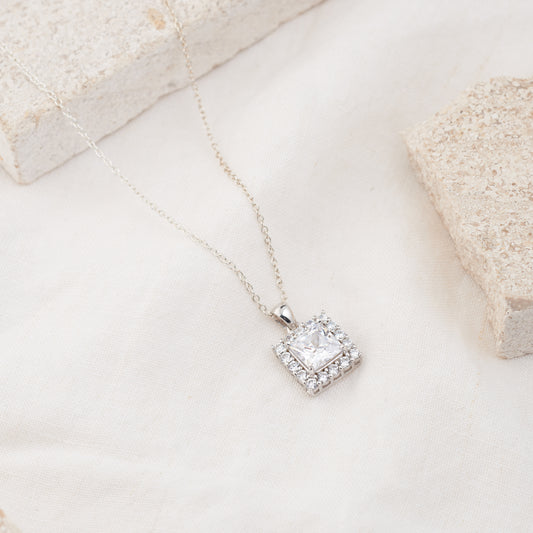 Sterling Silver and Zirconia Square Halo Pendant