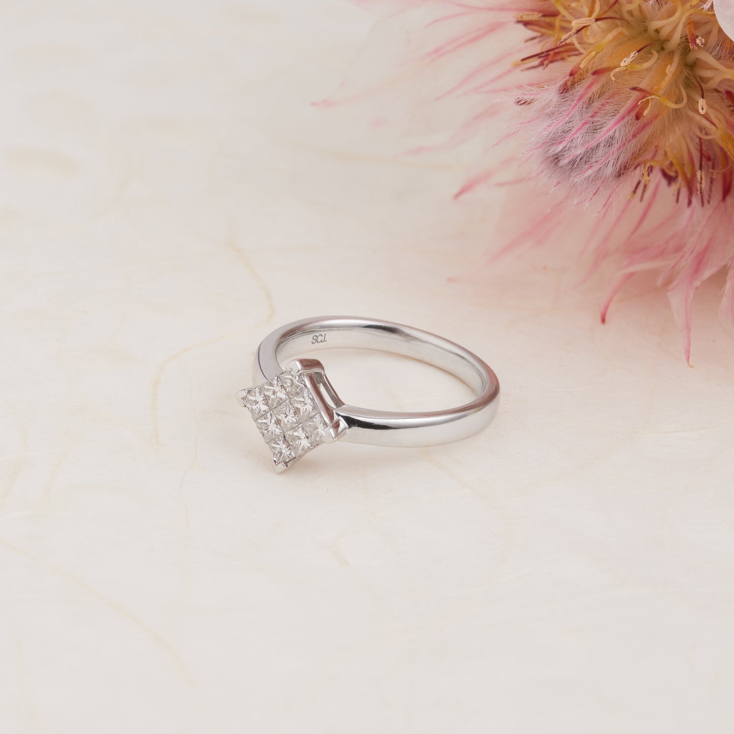 9K White Gold Princess Cut Diamond Angled Cluster Engagement Ring 0.55tdw