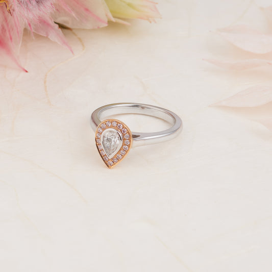 18K White and Rose Gold Pear Diamond with Argyle Pink Diamond Halo Engagement Ring 0.41tdw