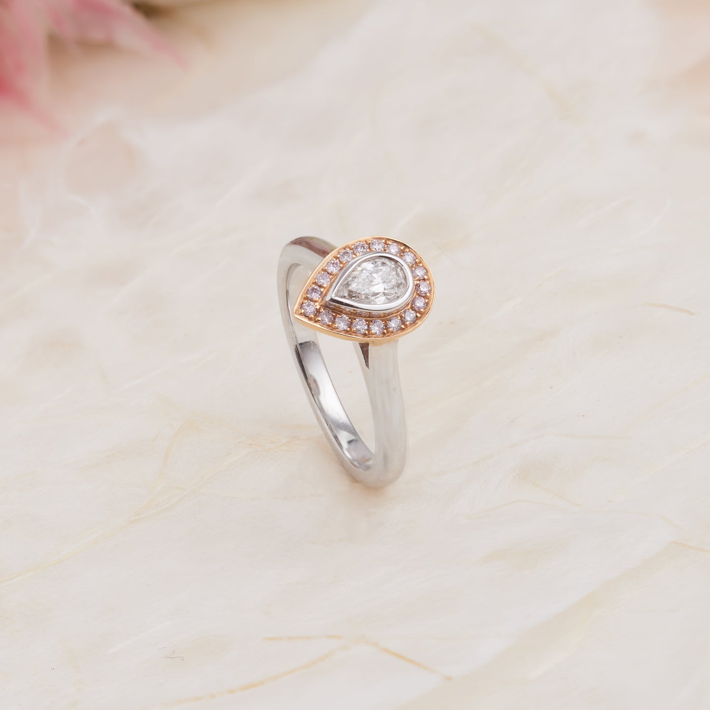18K White and Rose Gold Pear Diamond with Argyle Pink Diamond Halo Engagement Ring 0.41tdw