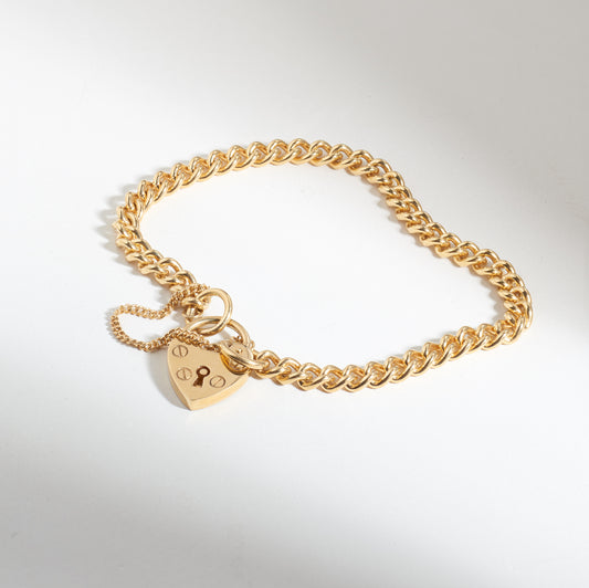 9K Yellow Gold Solid Round Curb Bracelet with Heart Padlock 5.4mm