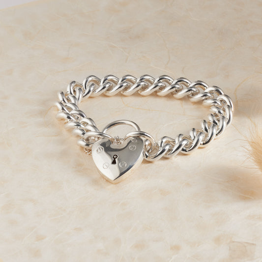Sterling Silver Heavy Round Curb Bracelet with Heart Padlock