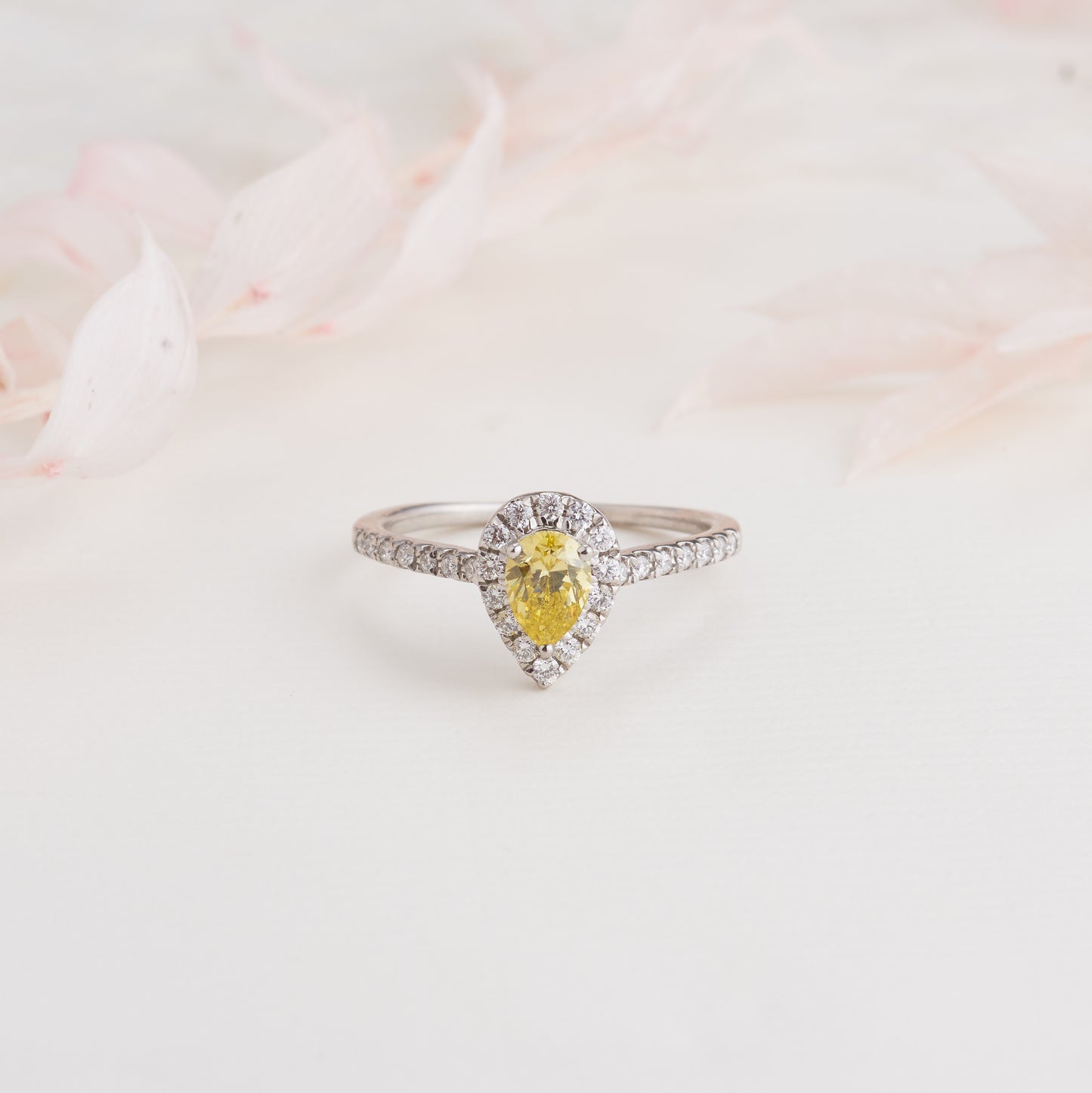 Platinum Pear Yellow Diamond Halo Engagement Ring 0.89tdw