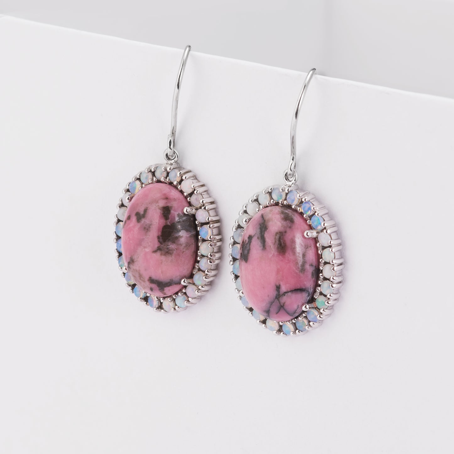 Sterling Silver Oval Australian Rhodonite and Opal Halo Drop Earrings