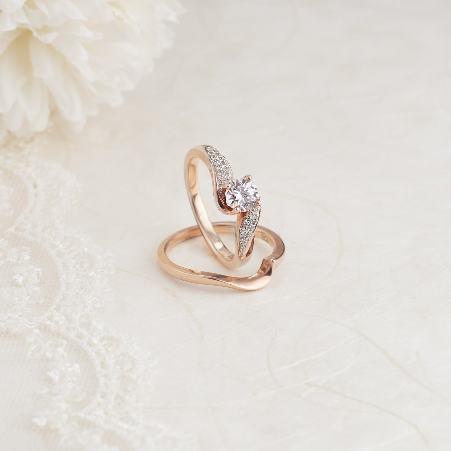 18K Rose Gold Round Brilliant Moissanite Solitaire Pave Swirl Bridal Set