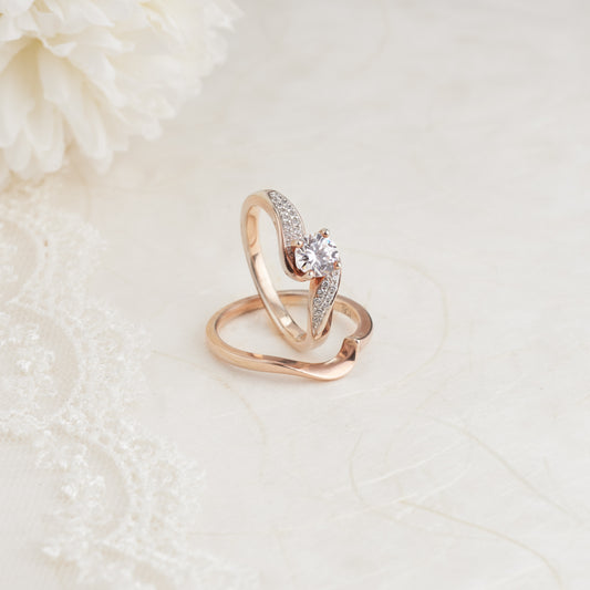18K Rose Gold Round Brilliant Diamond Solitaire Pave Swirl Bridal Set 0.75tdw