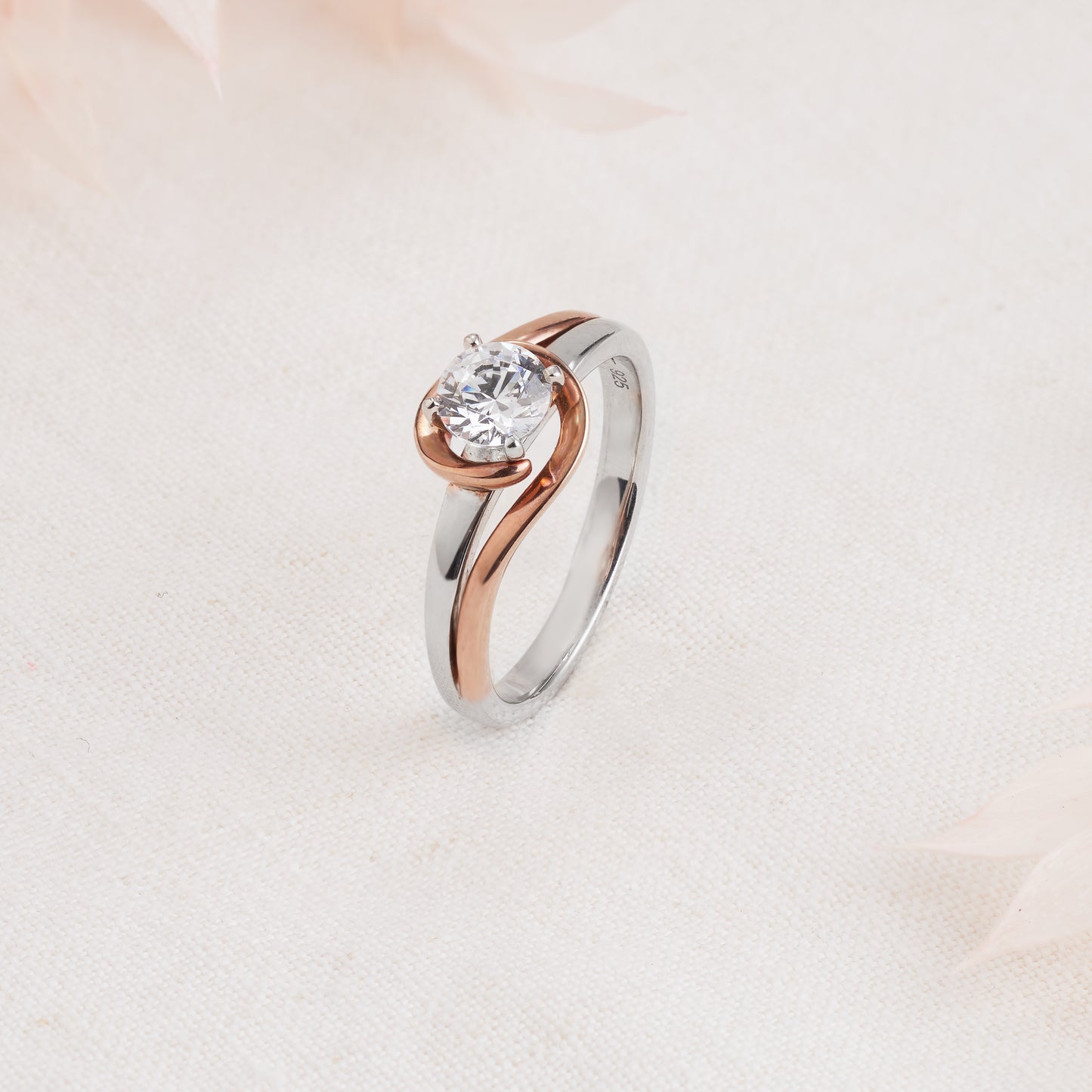 18K Rose and White Gold Round Brilliant SC Lab Diamond Solitaire Swirl Engagement Ring 0.65tdw