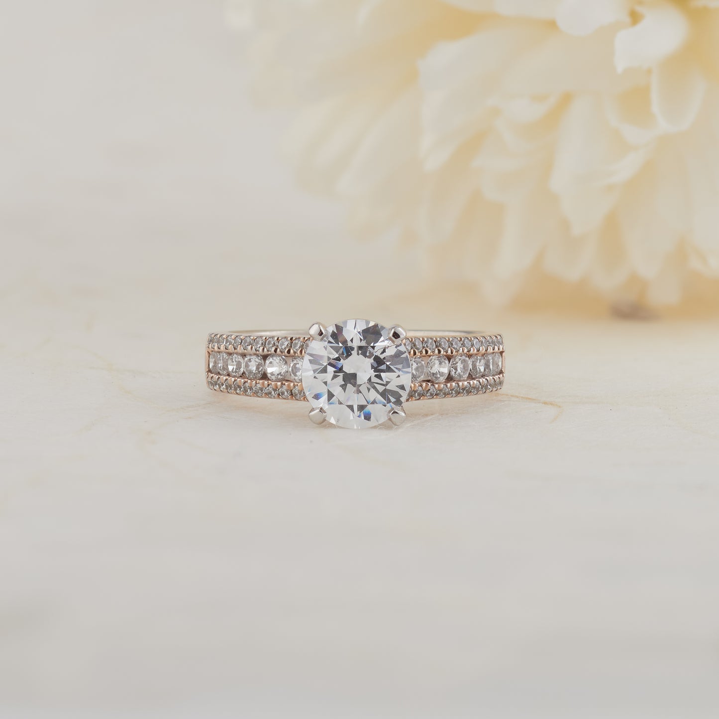 18K Rose and White Gold Round Brilliant Moissanite Solitaire with Accent Shoulders Engagement Ring