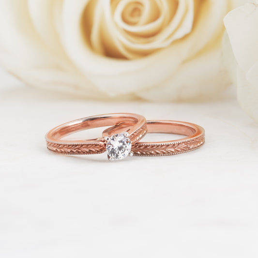 18K Rose and White Gold Round Brilliant Diamond Solitaire Engraved Bridal Set 0.5tdw