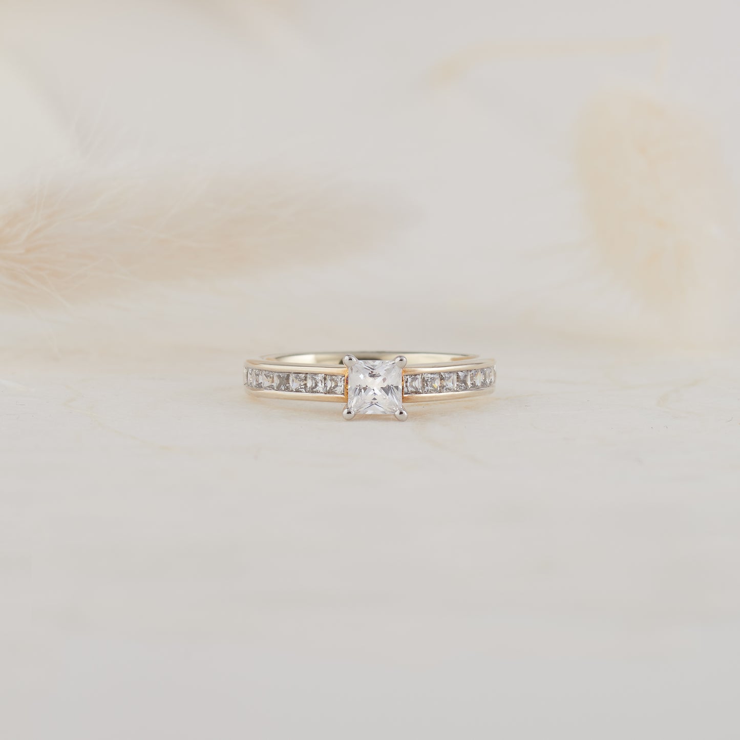 18K Yellow and White Gold Princess Cut Diamond Solitaire with Shoulder Accents Engagement Ring 1.0tdw