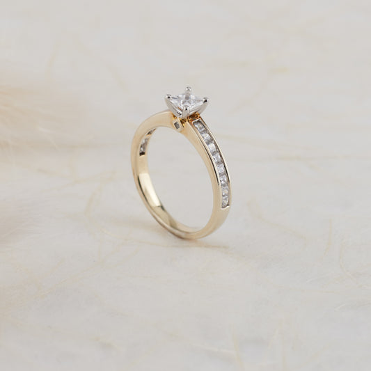 18K Yellow and White Gold Princess Cut Moissanite Solitaire with Shoulder Accents Engagement Ring
