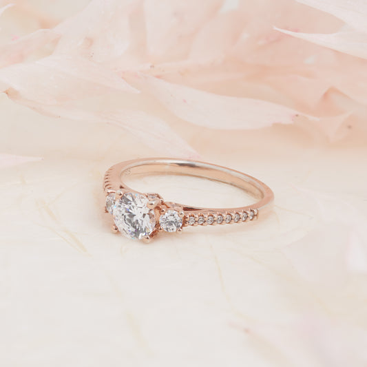 18K Rose Gold Round Brilliant Moissanite Trilogy Engagement Ring
