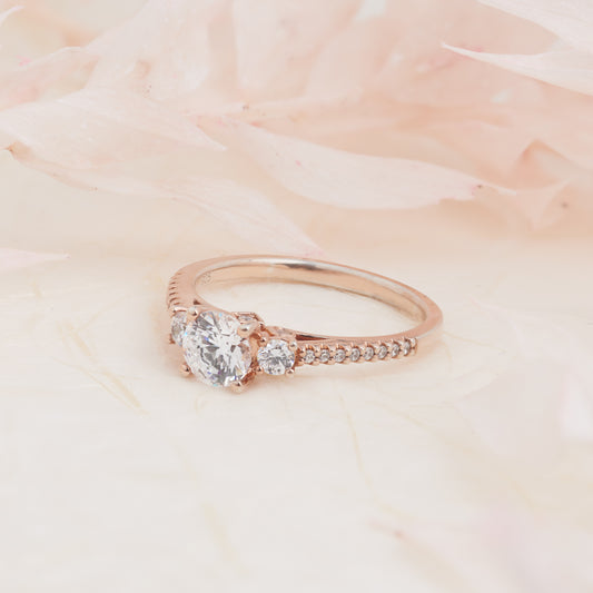 Bridal - 18K Rose Gold Round Brilliant Diamond Trilogy Engagement Ring 1.0tdw