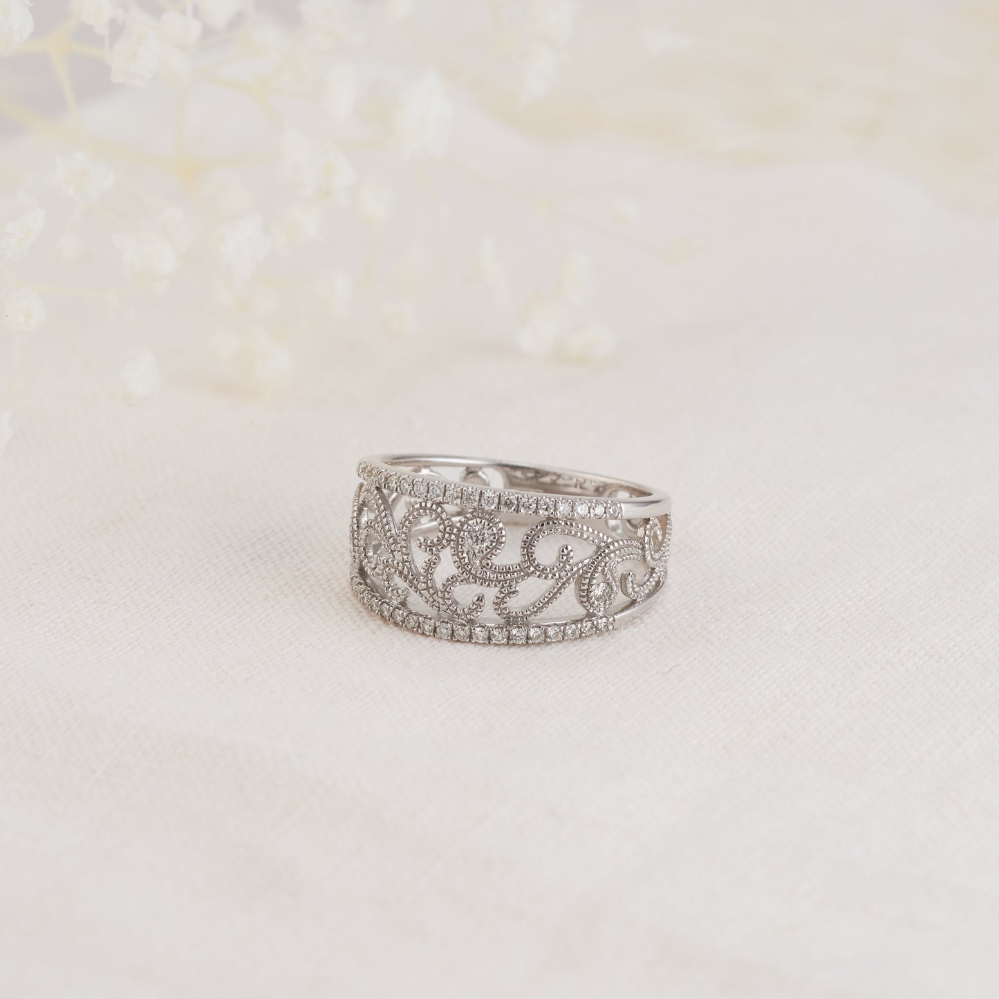 9K White Gold Diamond Filigree Swirls Dress Ring 0.28tdw