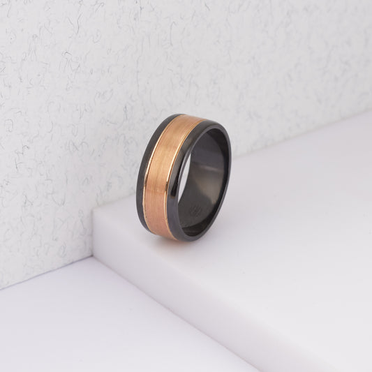 9K Yellow Gold and Black Zirconium Brushed Inlay Ring