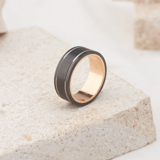 Black Zirconium and 9K Rose Gold Dual Line Ring