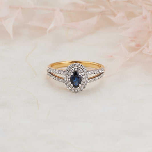 18K Yellow and White Gold Oval Natural Sapphire Diamond Halo Ring 0.5tdw
