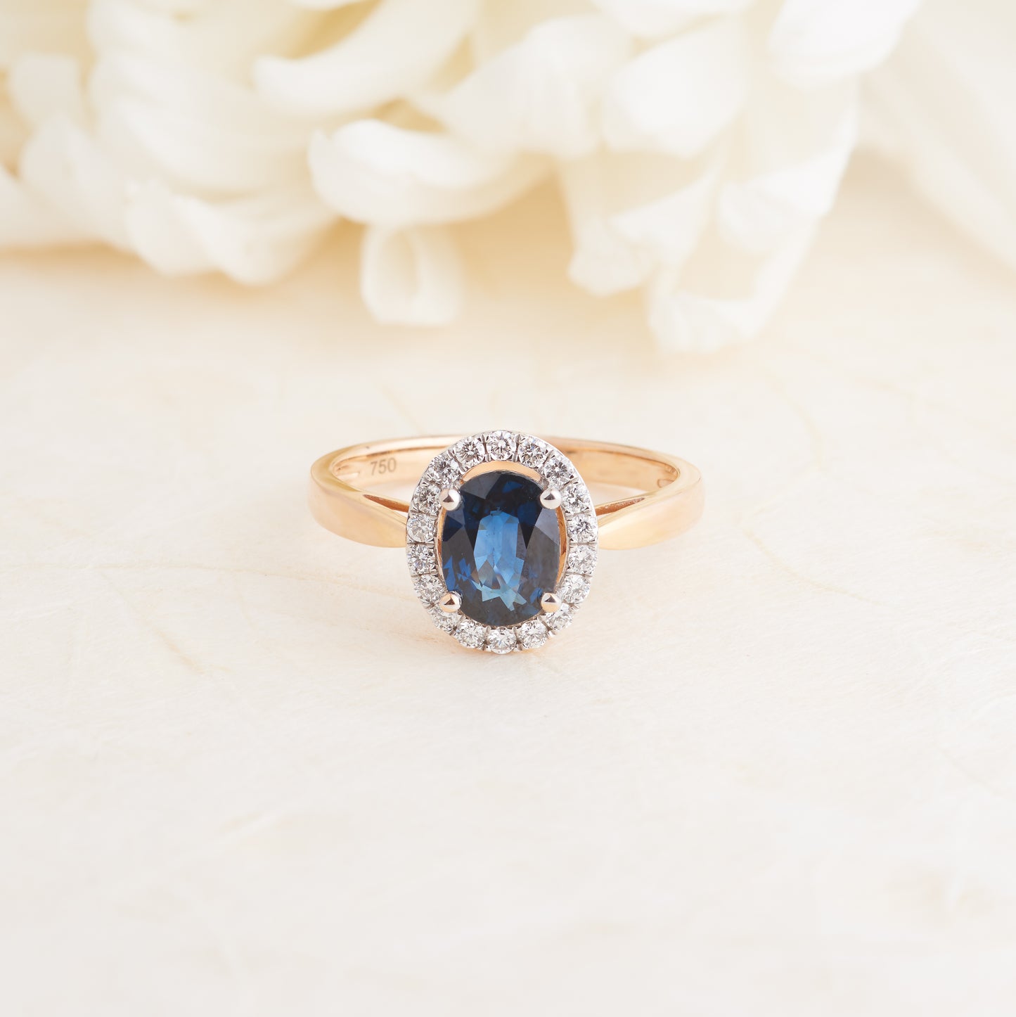 18K Rose Gold Oval Sapphire Diamond Halo Cocktail Ring 0.25tdw