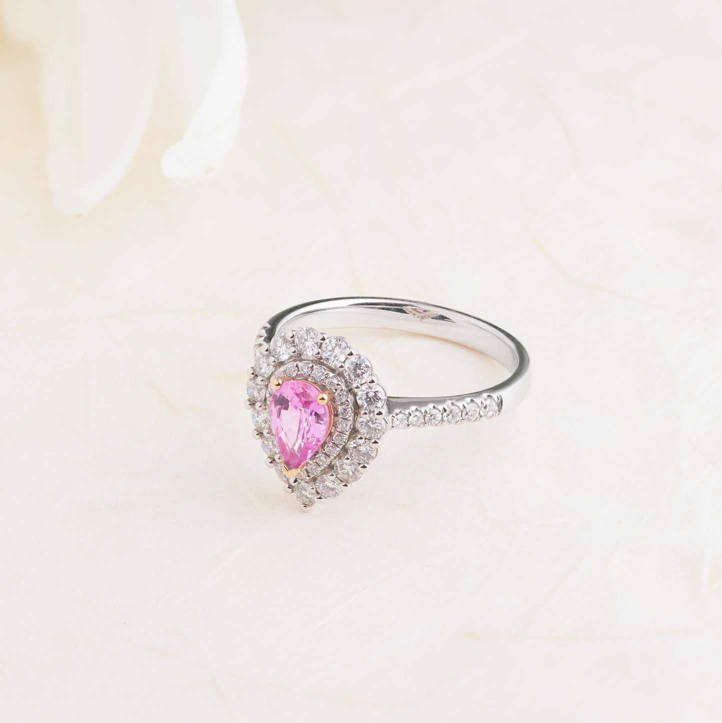 18K White Gold Pear Pink Sapphire Diamond Double Halo Engagement Ring 0.72tdw