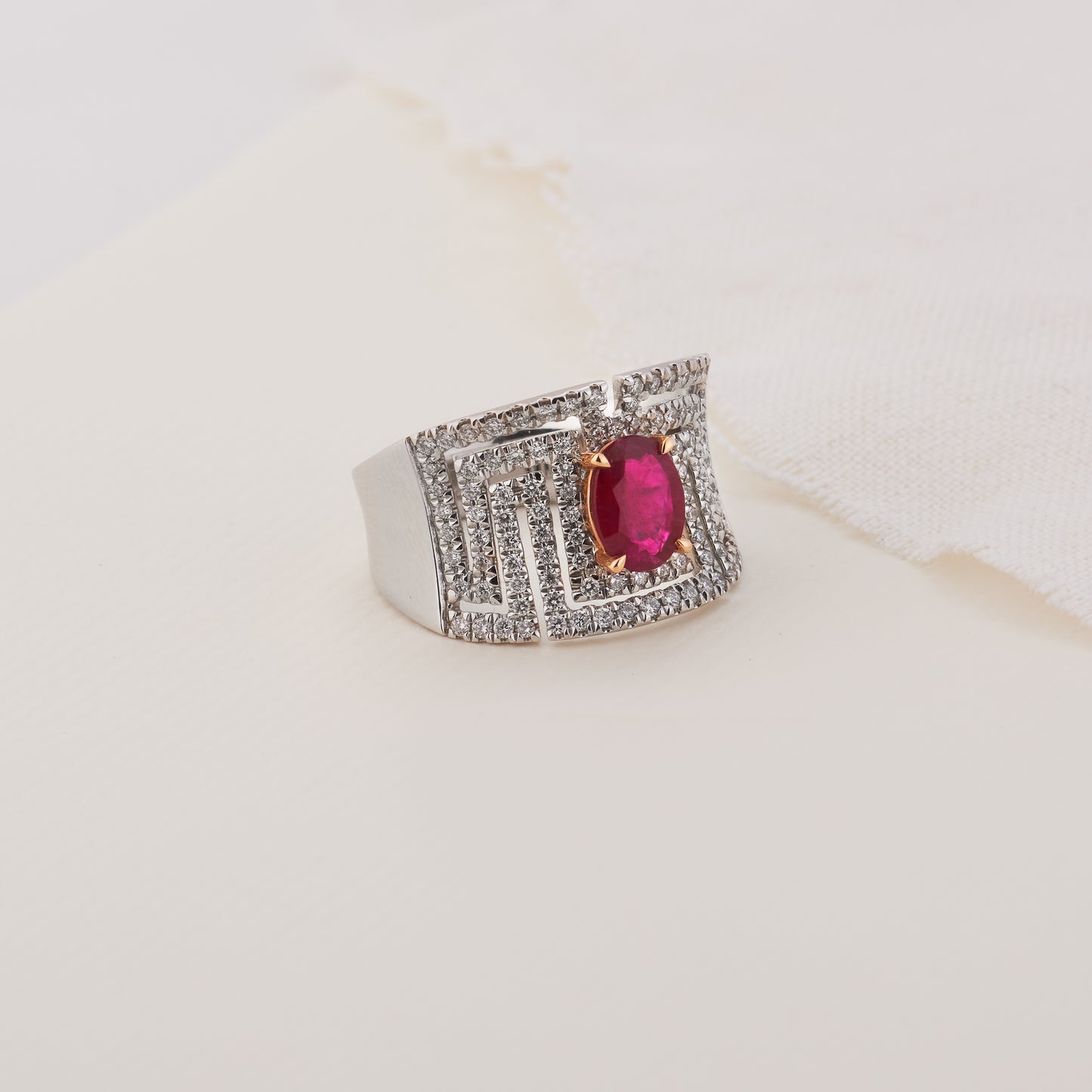 18K White and Rose Gold Natural Ruby and Diamond Maze Dress Ring 0.75tdw