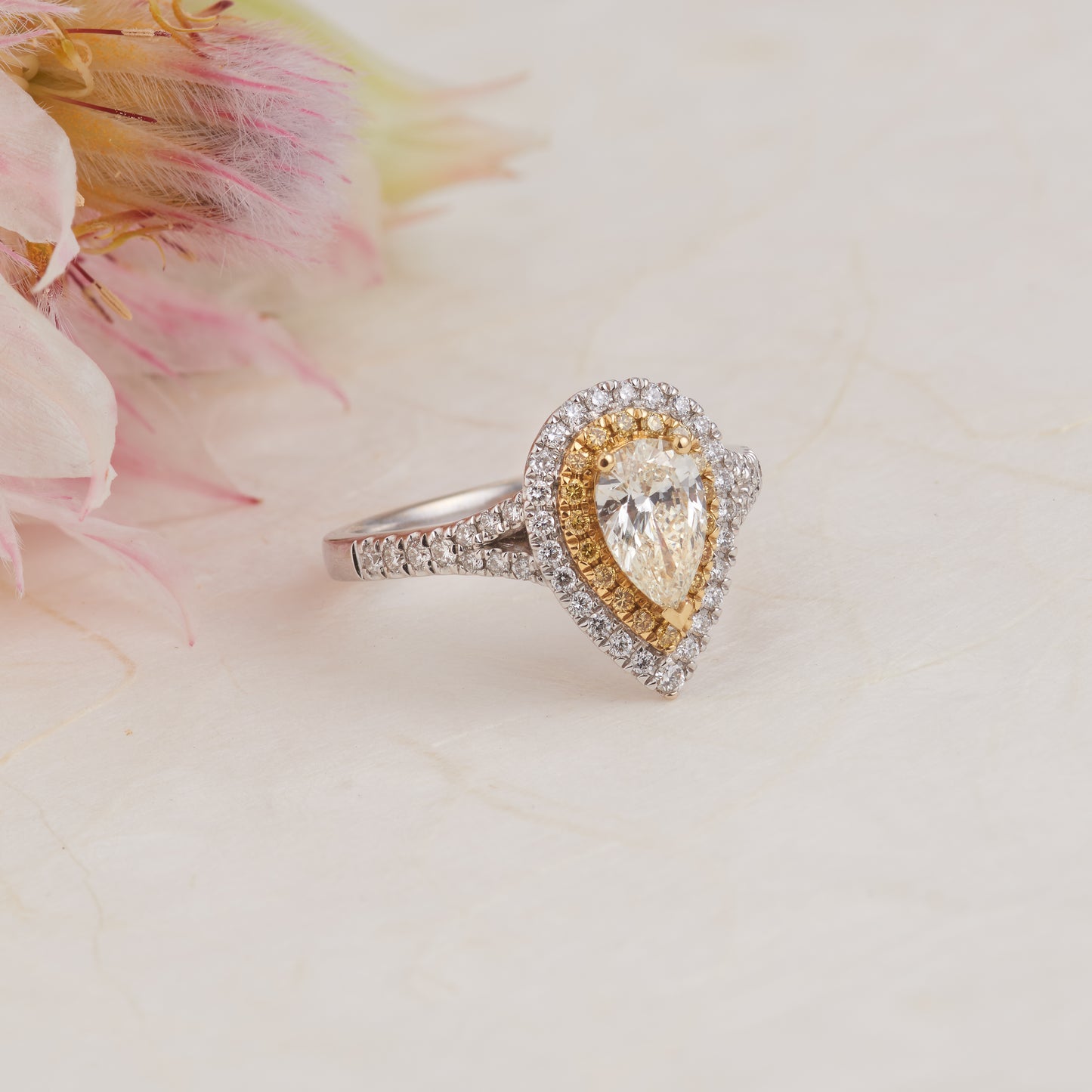 18K White and Yellow Gold Pear Yellow Diamond Double Halo Engagement Ring 1.5tdw