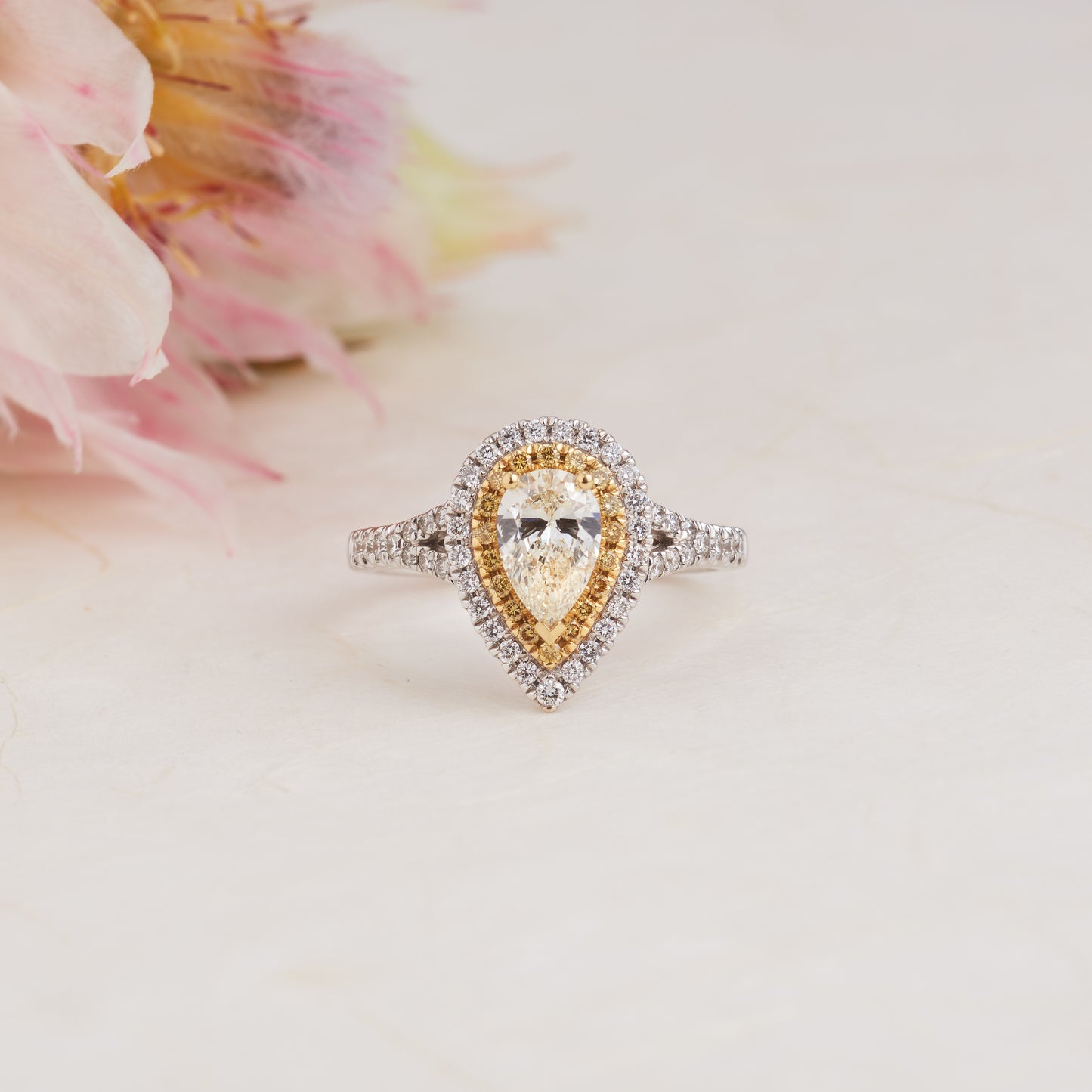 18K White and Yellow Gold Pear Yellow Diamond Double Halo Engagement Ring 1.5tdw