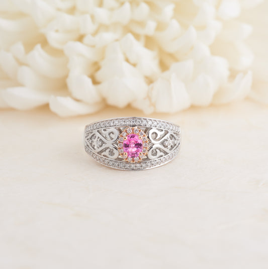 18K White and Rose Gold Pink Sapphire Diamond Halo Filigree Dress Ring 0.33tdw