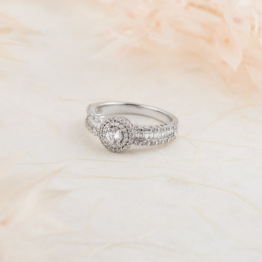 18K White Gold Round Brilliant Moissanite Double Halo Baguette Shoulders Engagement Ring