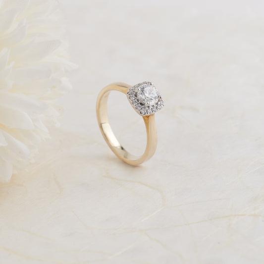 18K Yellow and White Gold Round Brilliant SC Lab Diamond Halo Engagement Ring 0.73tdw