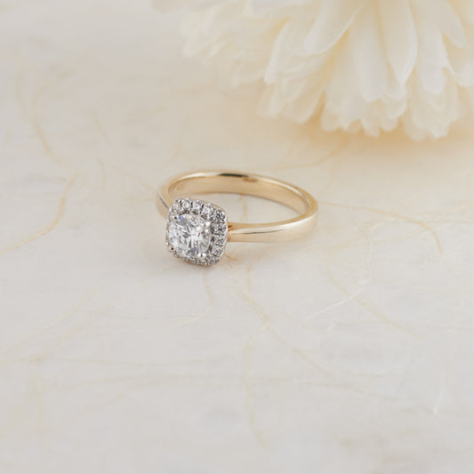 Bridal - 18K Yellow and White Gold Round Brilliant Diamond Halo Engagement Ring 0.73tdw