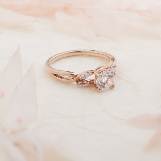 18K Rose Gold Round Brilliant Moissanite Solitaire with Marquise Shoulder Accents Engagement Ring
