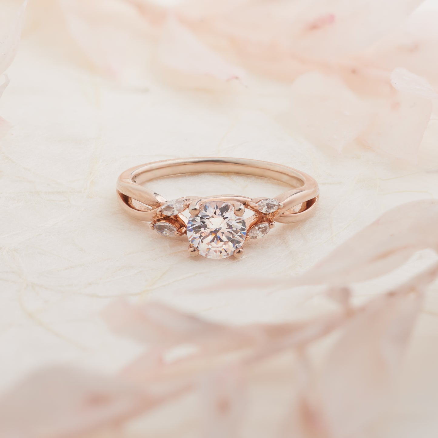 18K Rose Gold Round Brilliant Diamond Solitaire with Marquise Shoulder Accents Engagement Ring 1.0tdw