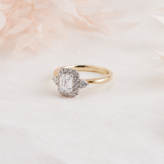 Bridal - 18K Yellow and White Gold Emerald Cut Diamond Halo Engagement Ring 1.19tdw